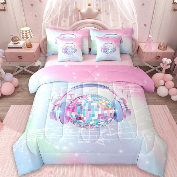 Erosebridal Disco Ball Headphone Bedding Sets Twin Size,Musical Melody Comforter Sets with Sheets,Gradient Glitter Print Bed in a Bag Twin Size,Microfiber Bedroom Decor Reversible,7-Piece