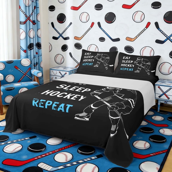 Erosebridal Distressed Hockey Queen Sheet Sets, Sport Bed Set for Men and Boys, 4pcs, 1 Flat Sheet, 1 Fitted Sheet and 2 Pillowcases