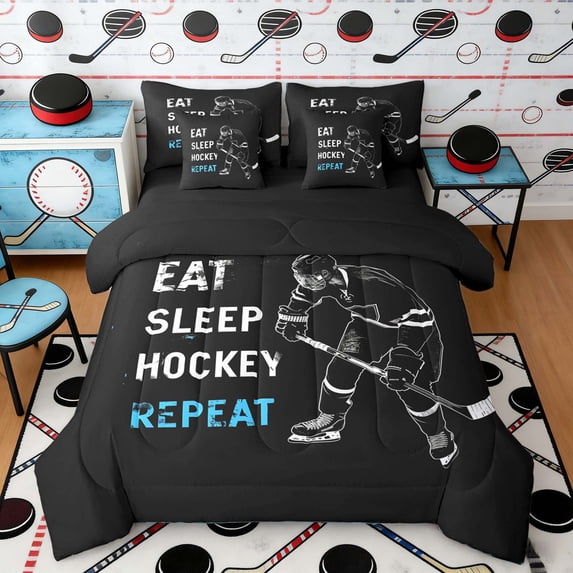 Erosebridal Distressed Hockey Twin Bedding Sets, Sport Bedding Comforter Set for Men and Boys, Black Reversible 7pcs