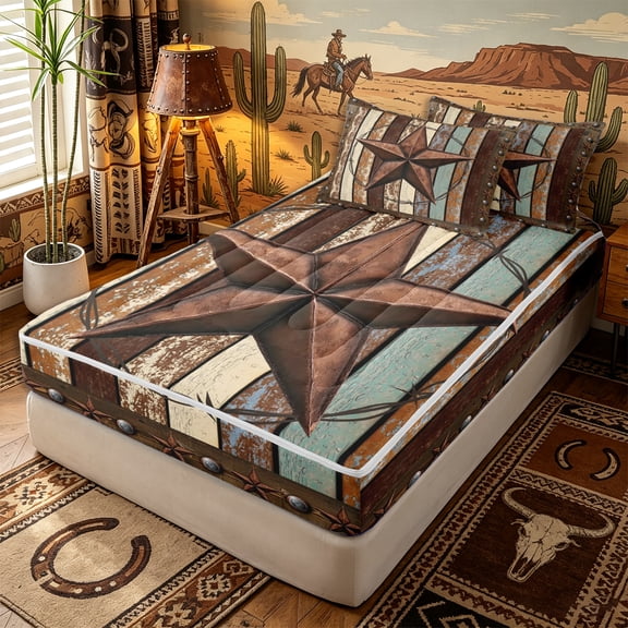Erosebridal Distressed Wooden Texas Star Print Zipper Twin Comforter Sets with Fitted Sheet and 2 Pillowcases,Rivet Striped Plank Accent Zipper Bedding Set,Teal Brown,4-Piece,Reversible
