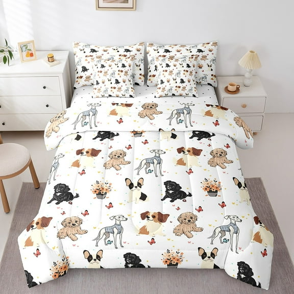 Erosebridal Dog Bedding Sets Full Size for Teens, Kawaii Pug Comforter Sets with Sheets, Rustic Flower Reversible Bedding Full Size, Ultra Soft Bedroom Decorative, 7-Piece
