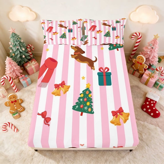 Manfei Dog Fitted Sheet Christmas Queen Bedding, Green Gold 3 Pieces 1 Fitted Sheet and 2 Pillowcases