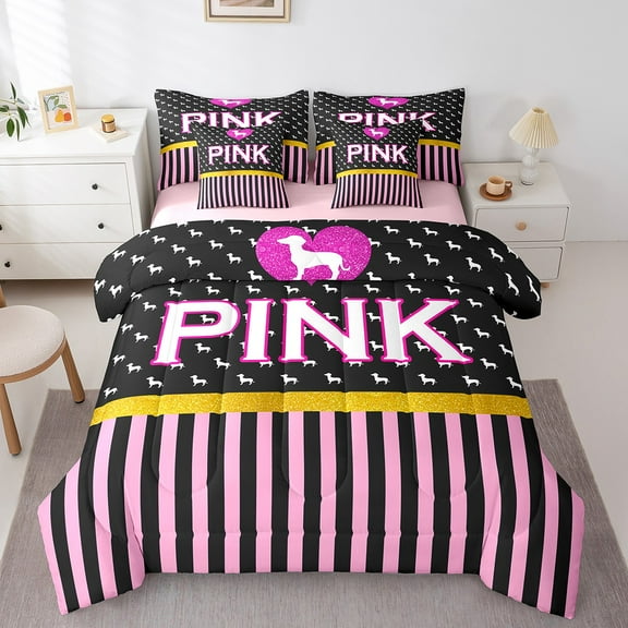 Erosebridal Dog Lovers Bedding Twin Size, Pink Black Stripe Comforter Sets with Sheets, Pet Animal Duvet Set, Ultra Soft Room Decoration, Reversible 7-Piece