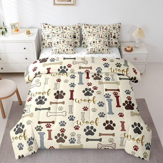 Erosebridal Dog Paw Print Bedding Twin Size,Pet Animal Lover Bed Set,Cute Bone Pattern Bedding Sets Twin Size For Teens,Microfiber Bedroom Decor,7pcs