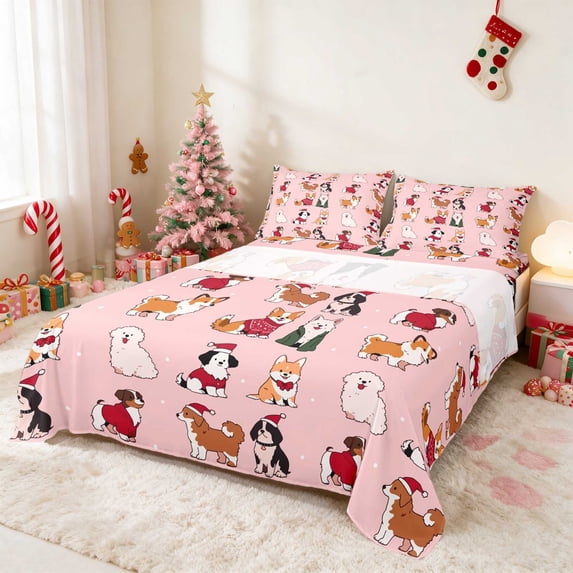 Manfei Dog Queen Sheets Christmas Queen Sheet Sets, Navy Gold 4 Pieces (1 Flat Sheet, 1 Fitted Sheet and 2 Pillowcases)