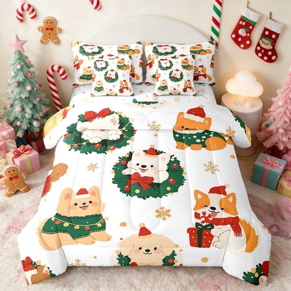 Manfei Dog Twin Bedding 7pcs Christmas Bedding Comforter Set, Pink Green, Xmas Reversible