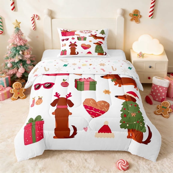 Manfei Dog Twin Comforter Sets Christmas Bedding Set, Coral White 2 Pieces 1 Comforter and 1 Pillowcase, Xmas Reversible