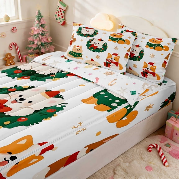 Manfei Dog Zipper Twin Comforter Sets with Fitted Sheet and 2 Pillowcases Christmas Zipper Bedding Set, Pink Green, Xmas Reversible