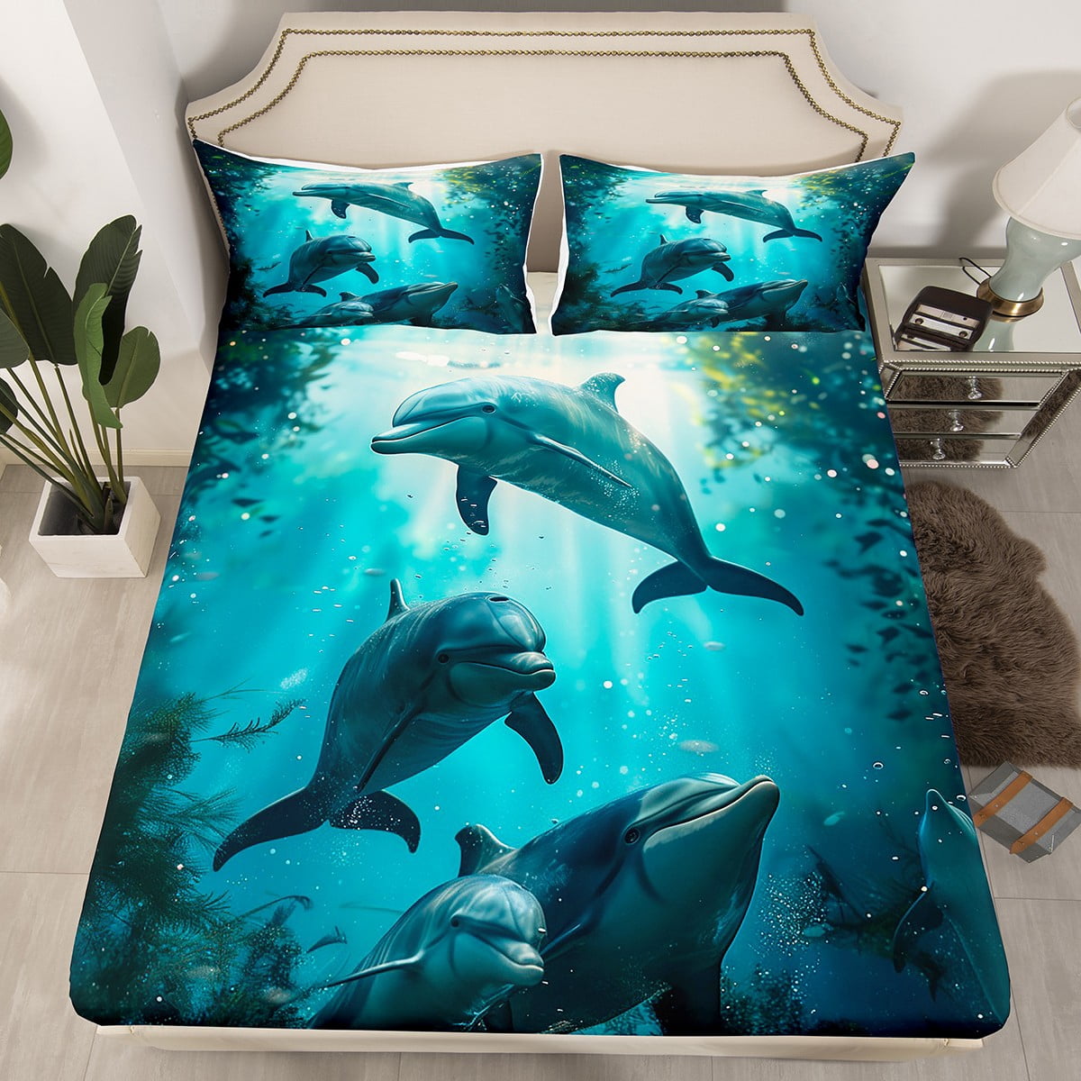 Erosebridal Dolphin Bed Set Cute Dolphin Jumping Teal Blue Ocean Animal ...