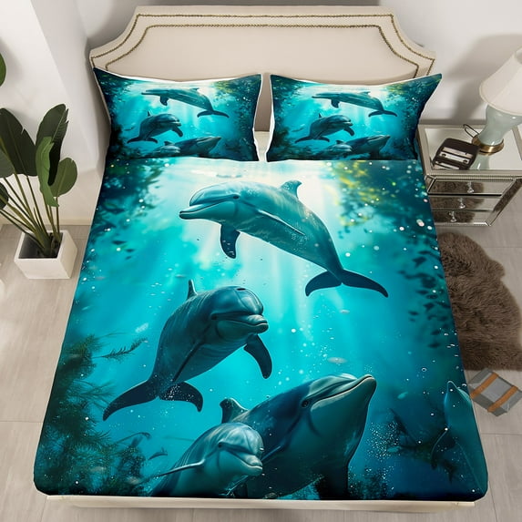 Erosebridal Dolphin Bed Set Cute Dolphin Jumping Teal Blue Ocean Animal Fitted Sheet Dolphin Sea Animal Bed Sheets Twin Size - 1 Fitted Sheet with 1 Pillowcase(No Top Sheet)