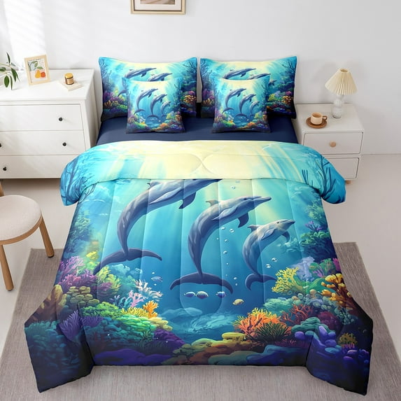 Erosebridal Dolphin Comforter Set Queen 7 Pcs Cute Ocean Animal Jumping Dolphins Sea Creatures Bedding Set Marine life Sealife Bed in a Bag with Comforter,Sheets