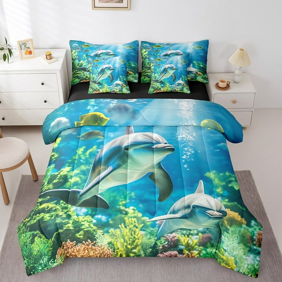Erosebridal Dolphin Comforter Set Queen 7 Pcs Kawaii Ocean Animal Ocean Marine Sea Creatures Theme Bedding Set Underwater World Bed in a Bag with Comforter,Sheets