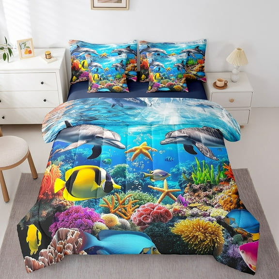 Erosebridal Dolphin Comforter Set Queen 7 Pieces Fish Starfish Ocean Marine Sea Creatures Theme Bedding Set Underwater World Bed in a Bag with Comforter,Sheets