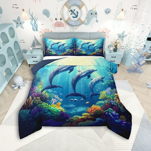 Erosebridal Dolphin Comforter Set Queen Size Cute Ocean Animal Jumping Dolphins Bedding Set Sea Creatures Comforter Marine life Sealife Quilt Set