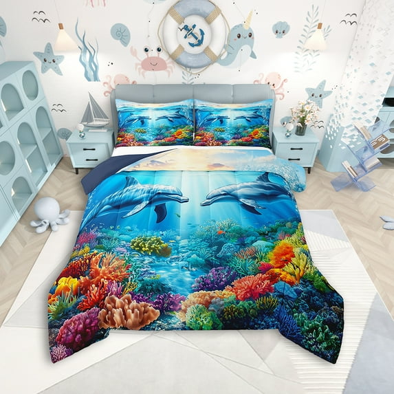 Erosebridal Dolphin Comforter Set Toddler Fish Bedding Set Ocean Creature Themed Comforter Sea Underwater World Quilt Set