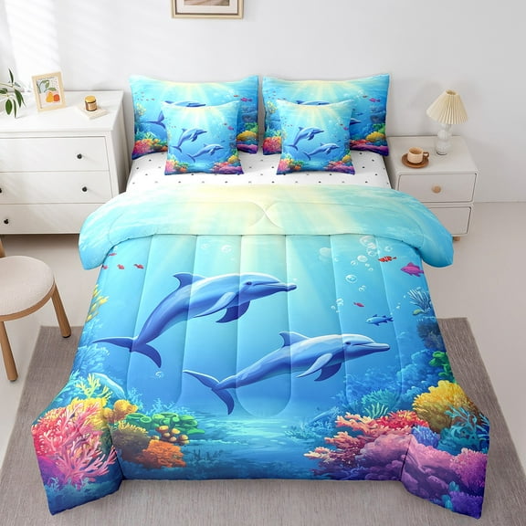 Erosebridal Dolphin Comforter Set Twin Size 7 Pieces Fish Ocean Marine Sea Creatures Theme Bedding Set Underwater World Bed in a Bag with Comforter,Sheets