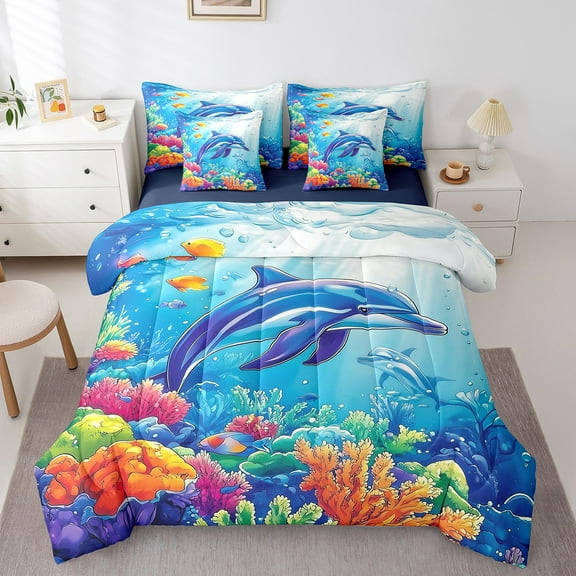 Erosebridal Dolphin Comforter Set Twin Size 7 Pieces Fish Sea Creatures Bedding Set Ocean Underwater World Bed in a Bag with Comforter,Sheets