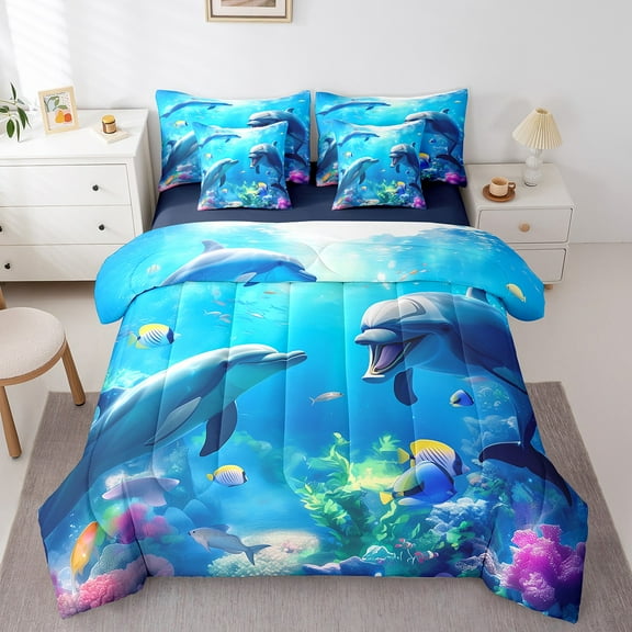 Erosebridal Dolphin Comforter Set Twin Size 7 Pieces Fish Sea Ocean Marine Creatures Theme Bedding Set Underwater World Bed in a Bag with Comforter,Sheets