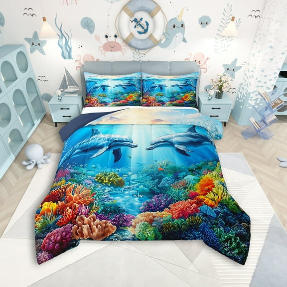 Erosebridal Dolphin Comforter Set Twin Size Fish Bedding Set Ocean Creature Themed Comforter Sea Underwater World Quilt Set
