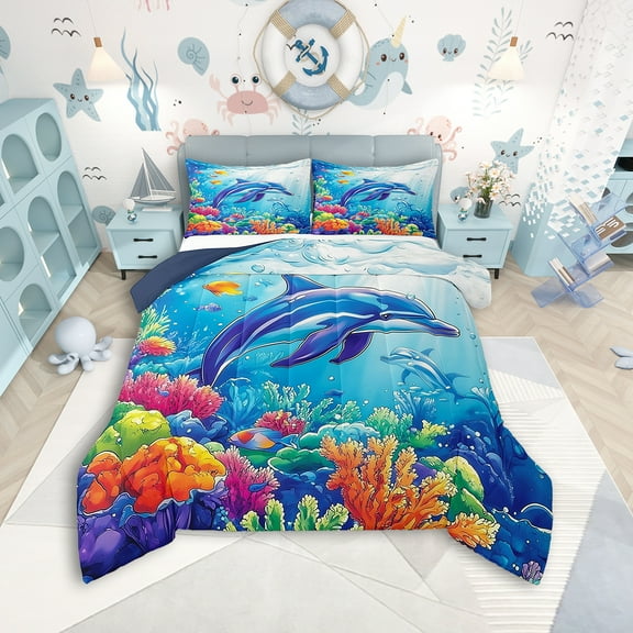 Erosebridal Dolphin Comforter Set Twin Size Fish Bedding Set Sea Creatures Comforter Ocean Underwater World Quilt Set
