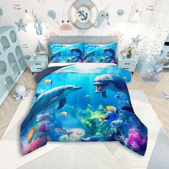 Erosebridal Dolphin Comforter Set Twin Size Fish Bedding Set Sea Ocean Marine Creatures Theme Comforter Underwater World Quilt Set