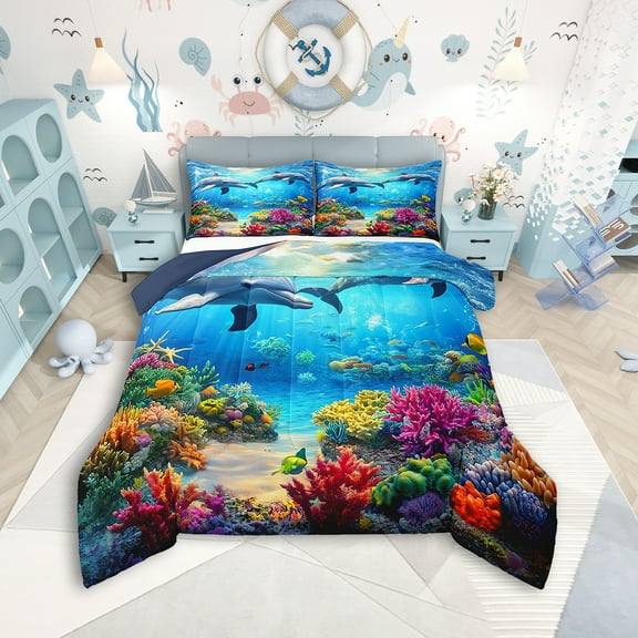 Erosebridal Dolphin Comforter Set Twin Size Kawaii Ocean Animal Fish Bedding Set Ocean Marine Sea Creatures Theme Comforter Underwater World Quilt Set