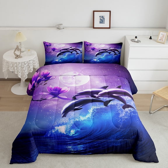 Erosebridal Dolphin Ocean Comforter Set Queen,Coastal Stars Moon Galaxy Bedding Set Cherry Blossoms Sky Starry Comforter Teen Women Sea Animal Quilted Duvet Purple Blue 2 Pillow Cases
