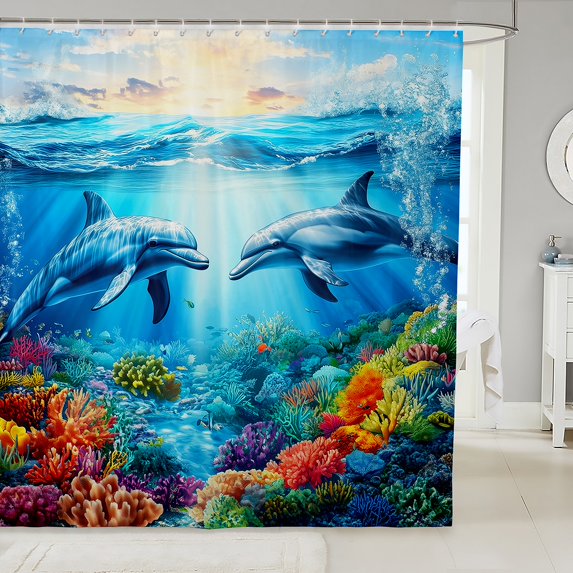Erosebridal Dolphin Shower Curtain 72"x72" Fish Bath Curtain Ocean Creature Themed Bathroom Shower Curtain Set Sea Underwater World Bathroom Accessories