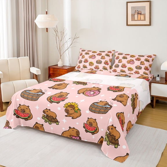 Erosebridal Donut Capybara Bed Sheets for Kid, Stars Print King Sheets, 4 Pieces