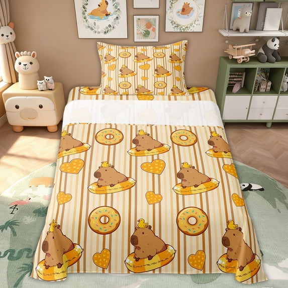 Erosebridal Donut Capybara Kids Twin Sheet Sets, Cute Love Heart Bedding, Orange, 3 Pieces