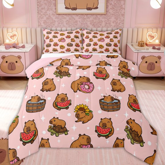 Erosebridal Donut Capybara Queen Comforter Set for Kid, Stars Print Bedding Comforter Set, 3 Pieces, Pink Reversible