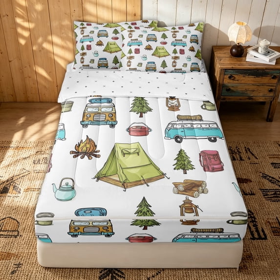 Erosebridal Doodle Camping Zipper Full Size Comforter Sets with Fitted Sheet and 2 Pillowcases for Boys Men, Camper Tree Outdoor Cartoon Zipper Bedding Set, Reversible, 4-Piece