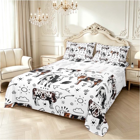 Erosebridal Doodle Cow Animals Queen Sheets,Sketch Print Queen Sheet Sets,4pcs,1 Flat Sheet,1 Fitted Sheet and 2 Pillowcases