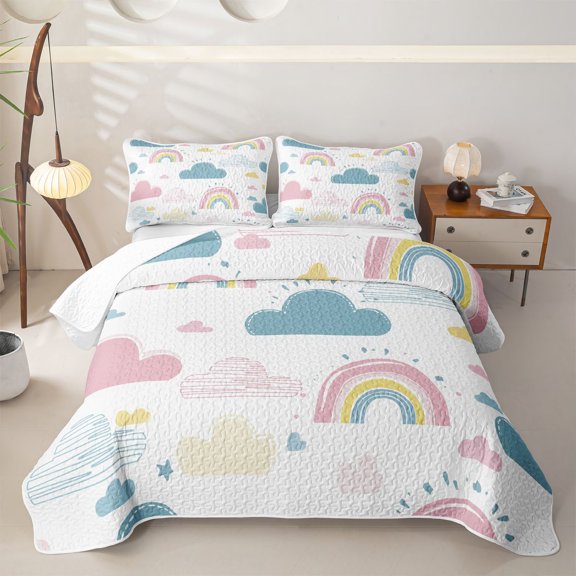 Erosebridal Doodle Rainbow Quilt Full for Girls, Blush Pink Cloud Print Full Bedspread Sets, 3pcs