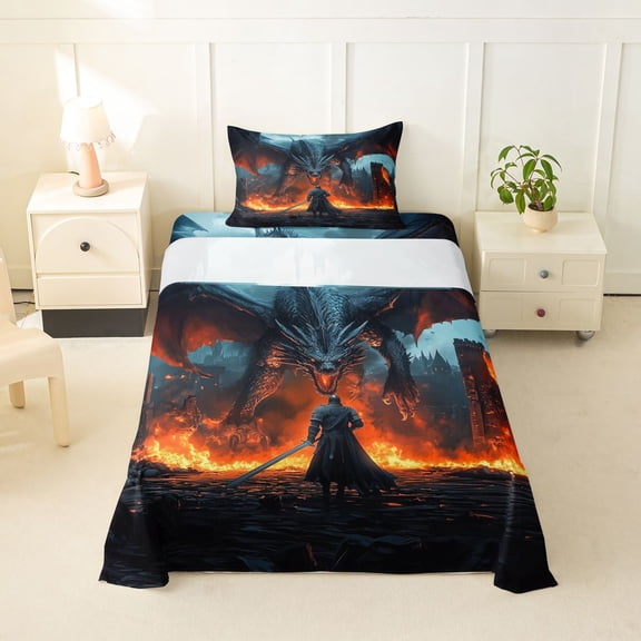 Erosebridal Dragon Twin Sheet Sets, Samurai Bedding for Boys Men, 1 Flat Sheet, 1 Fitted Sheet and 1 Pillowcase