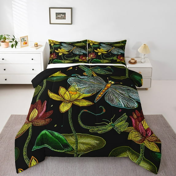 Erosebridal Dragonfly Lotus Bedding King Comforter Set,Mother'S Day Gifts Bedding Sets King with Comforter,Floral Decor,Reversible,Breathable,3-Piece