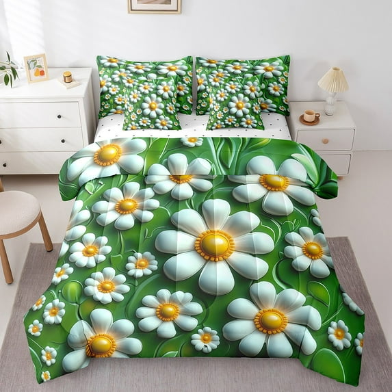 Erosebridal Dreamy 3D Daisy Floral Bedding Sets Full Size, Cute Flower Comforter Sets with Sheets, Kawaii Room Decor, Reversible 7pcs