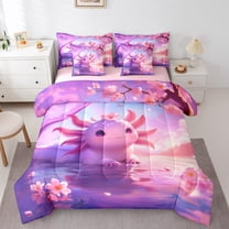 Erosebridal Dreamy Axolotl Bed in a Bag, Pink Flower Bed Set, Romantic Ocean Reversible Comforter Sets, Breathable Bedroom Decoration, 7pcs