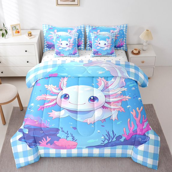Erosebridal Dreamy Axolotl Bedding King Size, Marine Coral Bed in a Bag King size, Blue Ocean Reversible Bed Set, Breathable Room Decoration, 7 Pieces