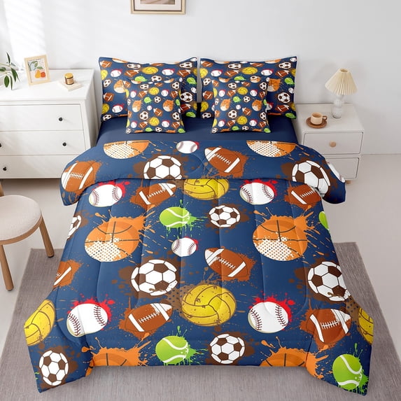 Erosebridal Soccer Football Baseball Volleyball Bedding Queen Size,Sport Gamer Comforter Sets with Sheets,Ultra Soft Reversible Bedding Sets Queen Size,Teenager Bedroom Decor,7 Pieces