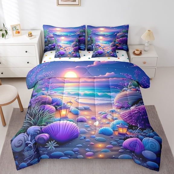 Erosebridal Dreamy Beach Bed in a Bag Queen size, Purple Seashell Bed Set, Romantic Ocean Decor, Reversible 7pcs