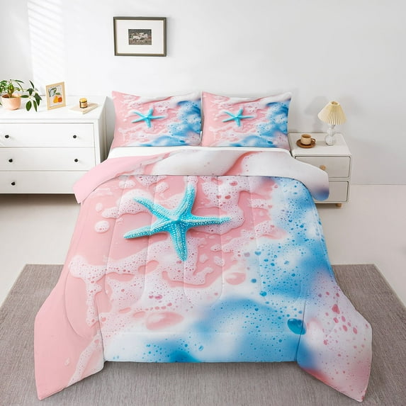 Erosebridal Dreamy Beach Bedding Queen Comforter Set , Sea Wave Starfish Down Comforter, Hawaii Beach Themed Decor, Reversible 3-Piece