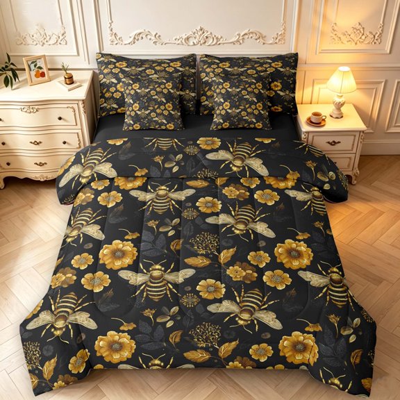 Erosebridal Dreamy Bee 7 Pieces Full Size Bedding Sets,Boho Flowers Full Size Bed in a Bag,Black Gold,Black Reversible