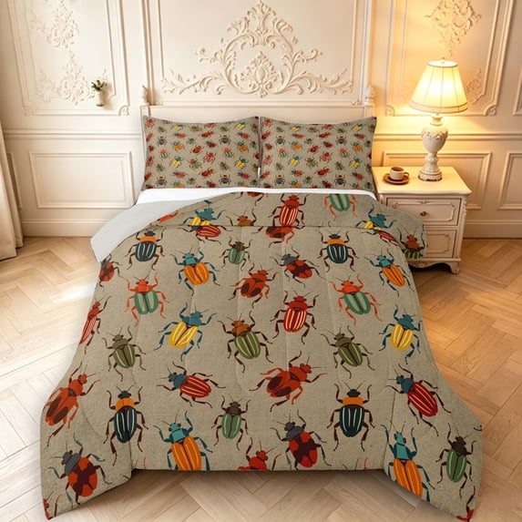 Erosebridal Dreamy Beetles Queen Comforter Set,Graceful Theme Comforter Sets Queen,Tan Red,Light Gray Reversible,3 Pieces,1 Comforter and 2 Pillowcases