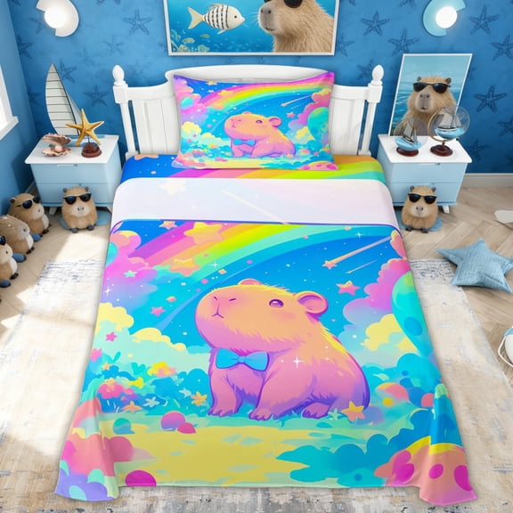 Erosebridal Dreamy Bow Capybara Kid Twin Sheet Sets, Blue Sky Rainbow Bedding, 3pcs
