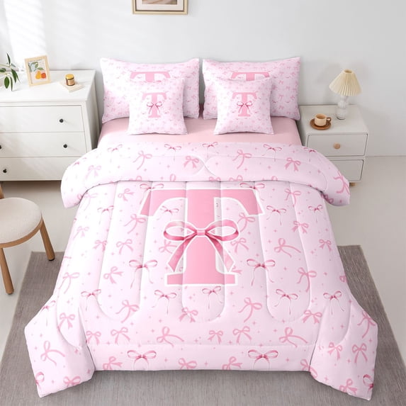 Erosebridal Dreamy Bow Knot Bedding Comforter Set 7 Pieces For Girls Teens,Kids Children Pink T Letter Monogrammed Full Bedding Set,Pink Reversible