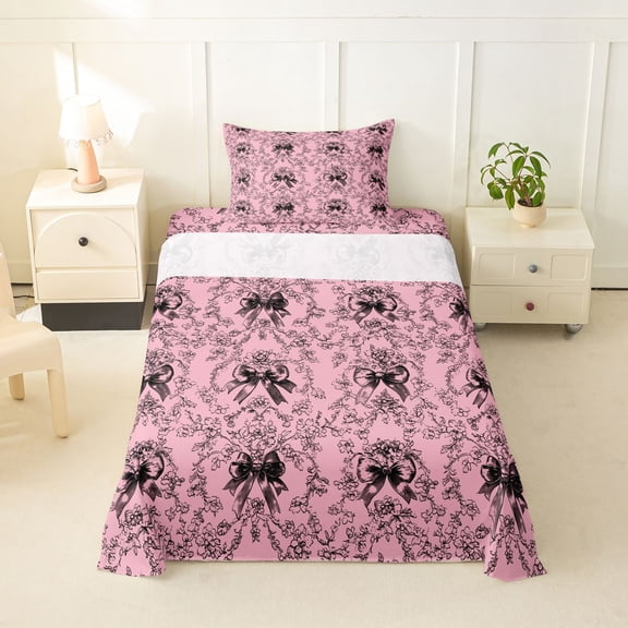 Erosebridal Dreamy Bow-Tie Twin Sheet Sets for Girls, Black Pink Bedding, 1 Flat Sheet, 1 Fitted Sheet and 1 Pillowcase