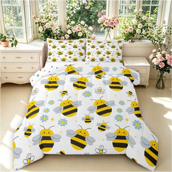 Erosebridal Dreamy Bug Bee Queen Comforter Set,Boho Florals Comforter Sets Queen,White Yellow,Polkadot Reversible,3 Pieces,1 Comforter and 2 Pillowcases
