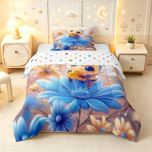 Erosebridal Dreamy Bug Bee Twin Comforter Sets,Boho Floral Bedding Set,Blue Pink,Polkadot Reversible,2pcs,1 Comforter and 1 Pillowcase