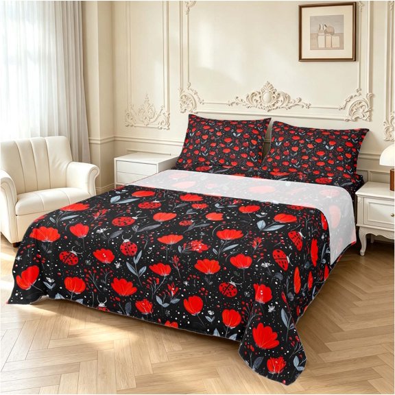 Erosebridal Dreamy Bug Ladybug Bed Sheets,Vintage Daisy Flower Full Size Sheets,Red Gray,4-Piece,1 Flat Sheet,1 Fitted Sheet and 2 Pillowcases